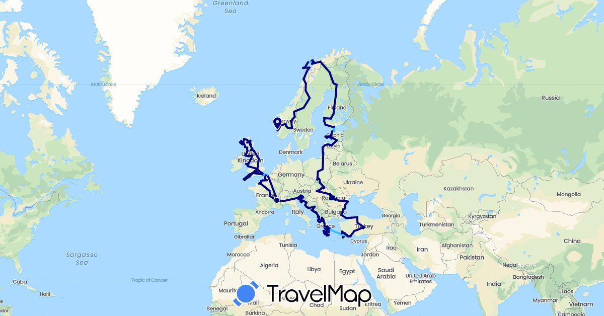 TravelMap itinerary: driving, boat in Albania, Bosnia and Herzegovina, Bulgaria, Estonia, Finland, France, United Kingdom, Greece, Croatia, Hungary, Italy, Lithuania, Latvia, Montenegro, Macedonia, Norway, Poland, Romania, Sweden, Slovenia, Turkey (Asia, Europe)