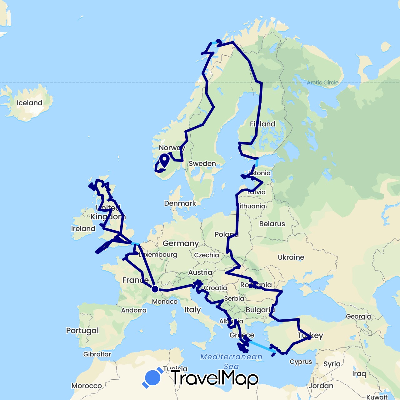 TravelMap itinerary: driving, boat in Albania, Bosnia and Herzegovina, Bulgaria, Estonia, Finland, France, United Kingdom, Greece, Croatia, Hungary, Italy, Lithuania, Latvia, Montenegro, Macedonia, Norway, Poland, Romania, Sweden, Slovenia, Turkey (Asia, Europe)